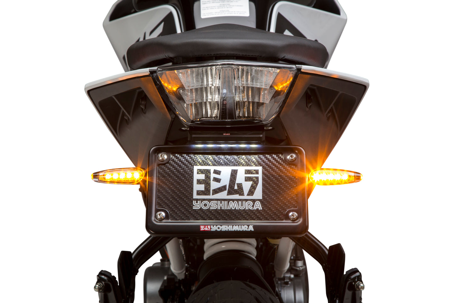 YOSHIMURA Fender Eliminator Kit for KTM motorcycle, showcasing sleek design and mounting hardware on a black background.