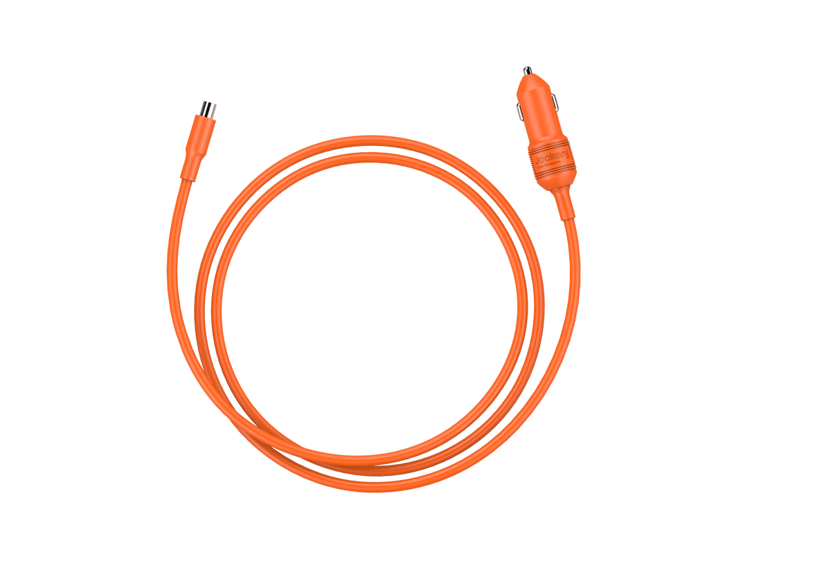 Jackery car charging cable accessory, compatible with Jackery portable power banks, shown with connectors and cable in a close-up view