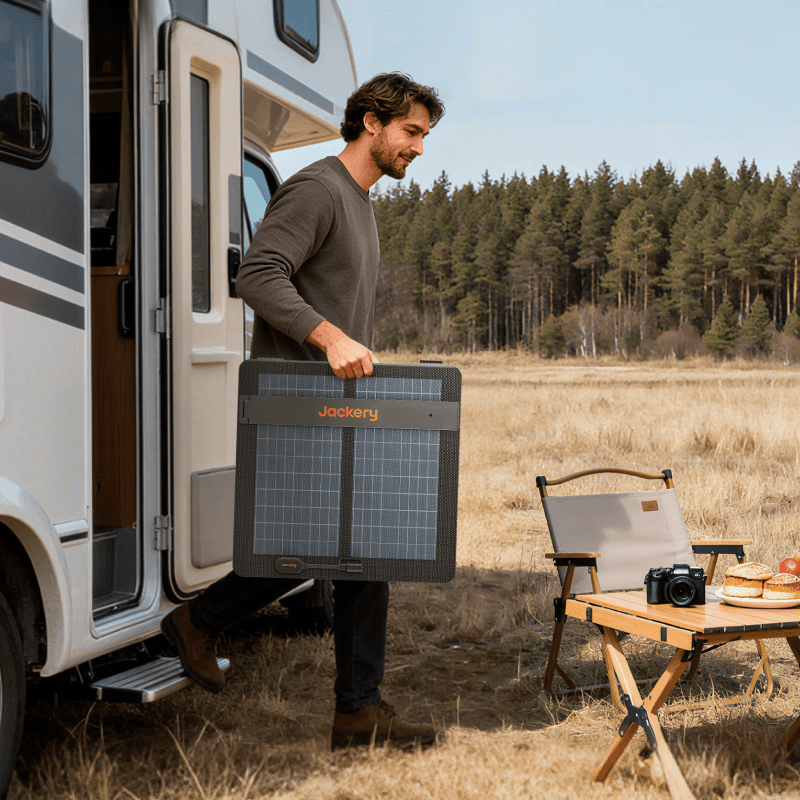 Jackery SolarSaga 100 Air portable solar panel for charging devices, featuring foldable design with multiple USB and DC ports.