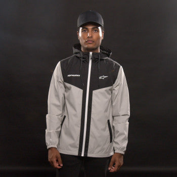 Black and silver ALPINESTARS Plex Jacket in medium size, shown with details of the stylish motorcycle jacket design.