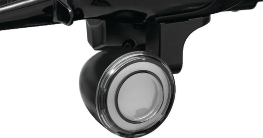 Kuryakyn Tracer LED front turn signal insert for Harley Davidson FLHX and FLTR 2008-2015, close-up of LED signal in black housing