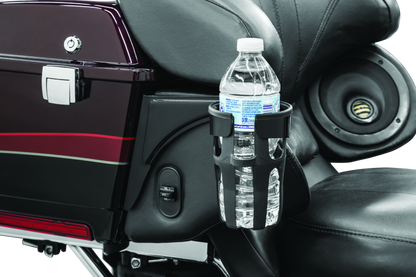 Kuryakyn Reflex drink holder in gloss black attached to the right side of a Harley Touring motorcycle.