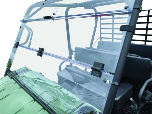 QuadBoss folding windshield for Kawasaki Mule 4010 4x4, durable polycarbonate with foldable design for Kawasaki KAF620 Mule 4010.