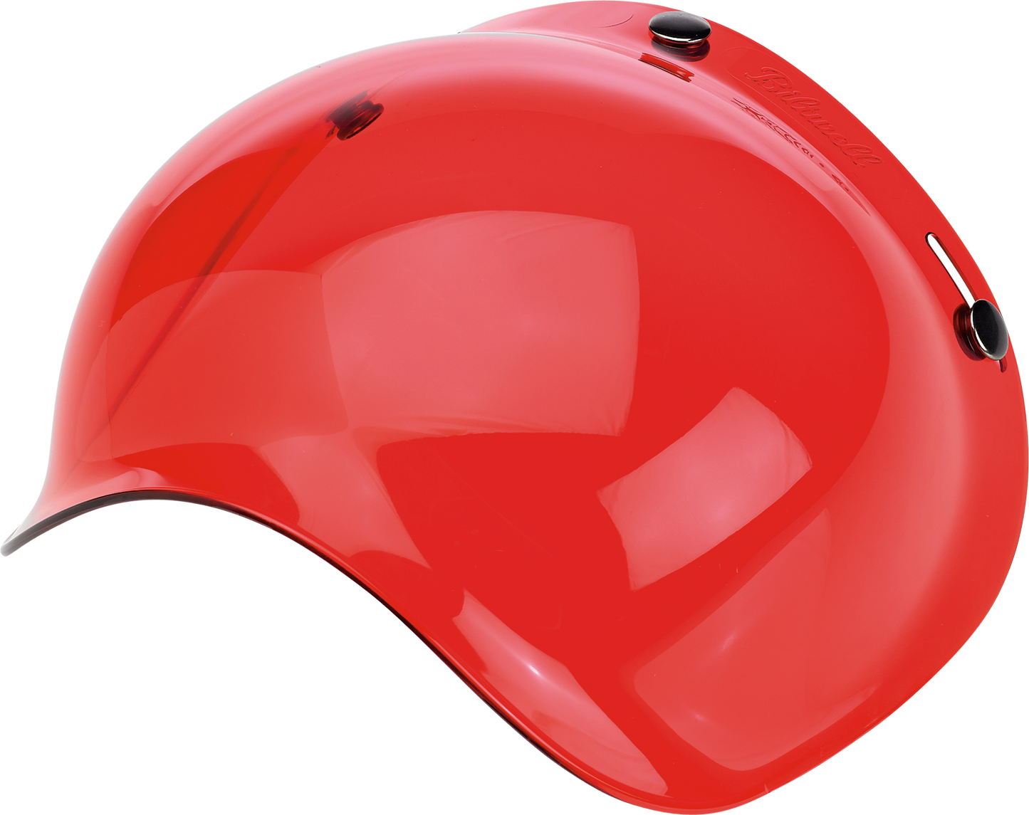 Red BILTWELL Bubble Shield helmet part from Bill's Exhausts, showing the clear, curved visor design on a motorcycle helmet.