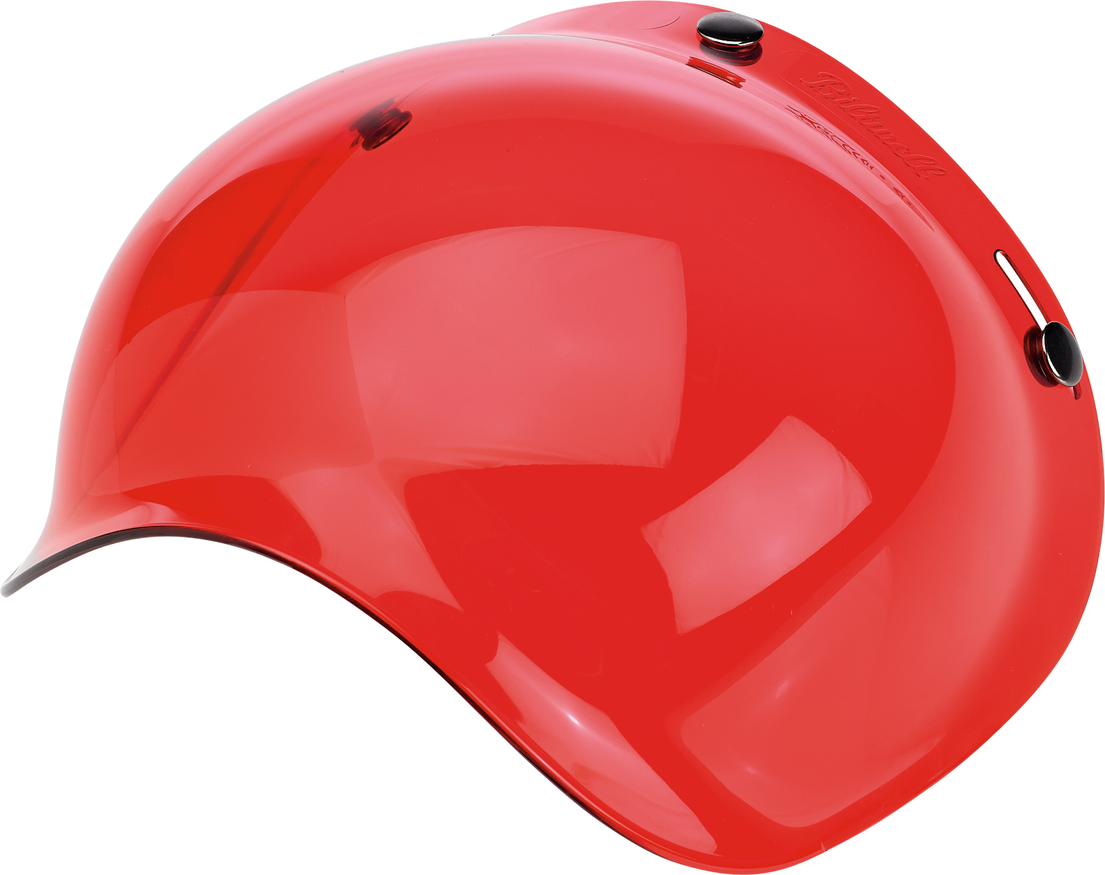 Red BILTWELL Bubble Shield helmet part from Bill's Exhausts, showing the clear, curved visor design on a motorcycle helmet.