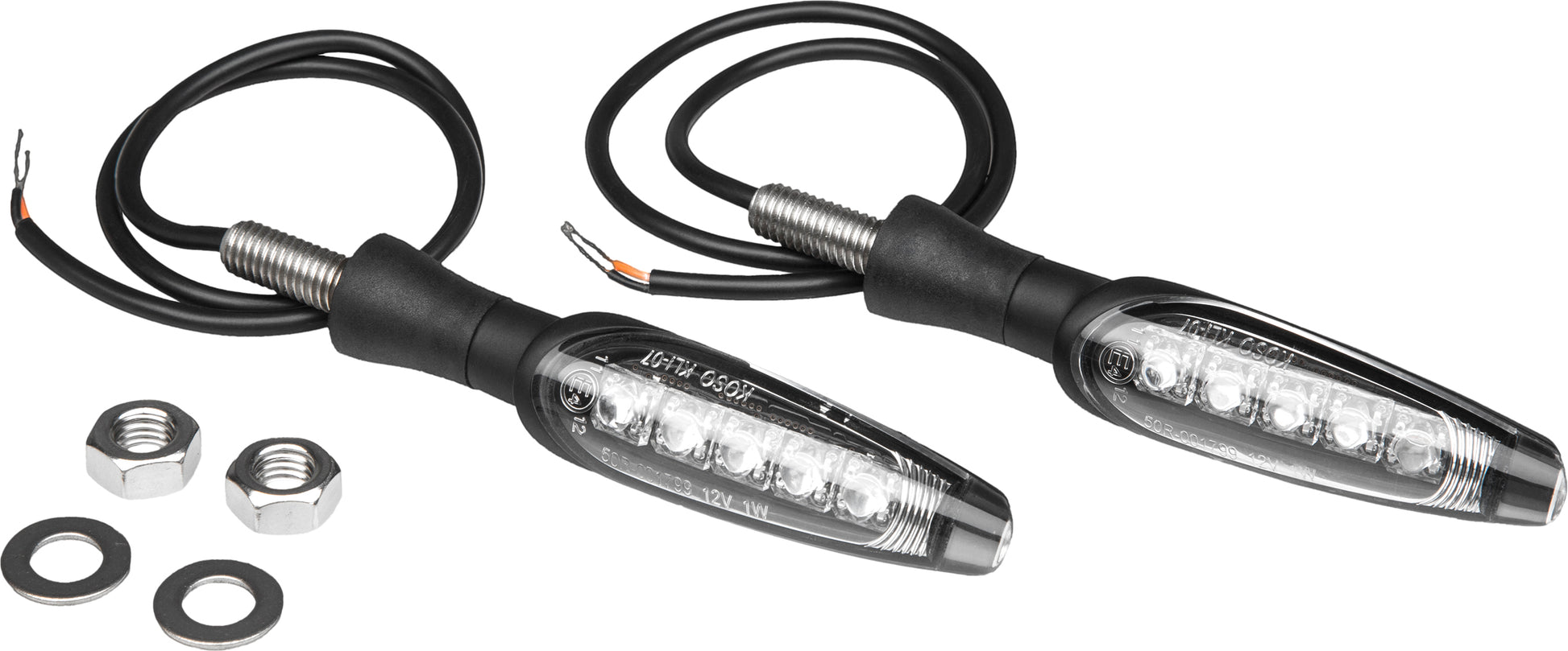 YOSHIMURA front LED turn signals with universal brackets and relay module, designed for motorcycle lighting and signaling.