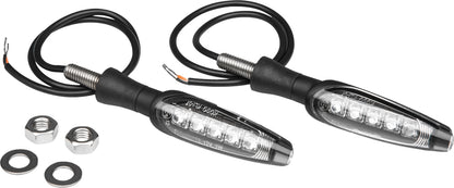 YOSHIMURA front LED turn signals with universal brackets and relay module, designed for motorcycle lighting and signaling.