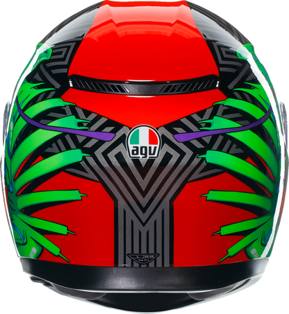AGV K3 helmet in Kamaleon black, red, and green with medium size, featuring a sleek aerodynamic design and ventilation vents.