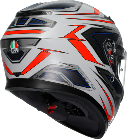 AGV K3 motorcycle helmet in matte white and red fluo, featuring a sleek design and MaxVision lens for high-performance riding.