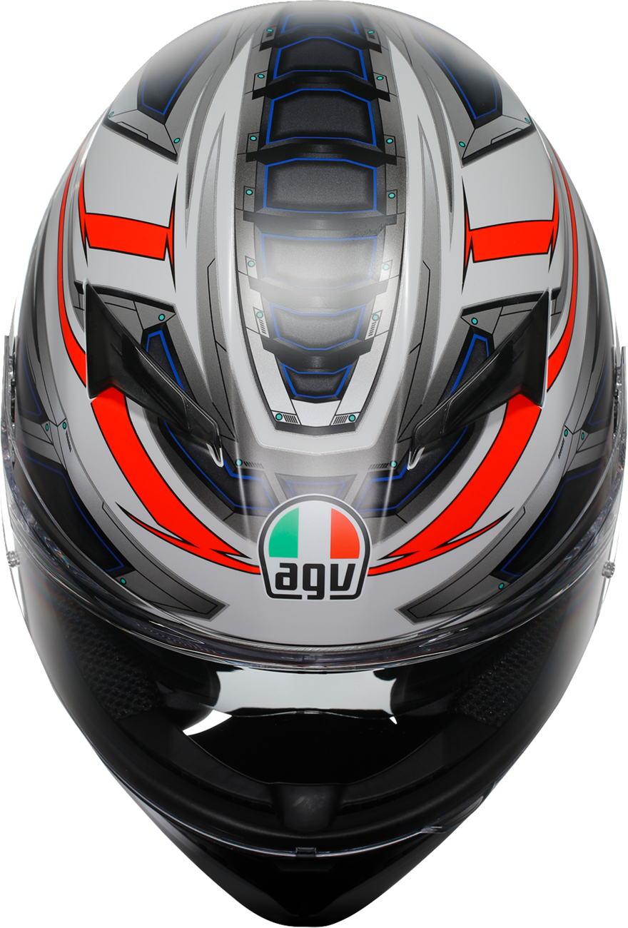 AGV K3 motorcycle helmet in matte white and red fluo, featuring MaxVision lens and aerodynamic design for high performance.