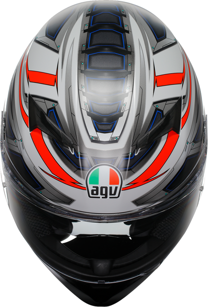 AGV K3 motorcycle helmet in matte white and red fluo, featuring MaxVision lens and aerodynamic design for high performance.