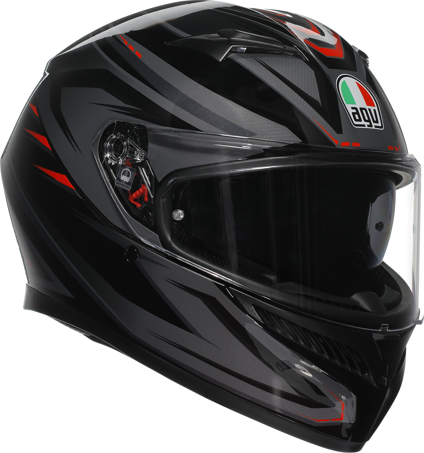 AGV K3 motorcycle helmet in black and red with Pinlock lens and advanced ventilation system, size large.