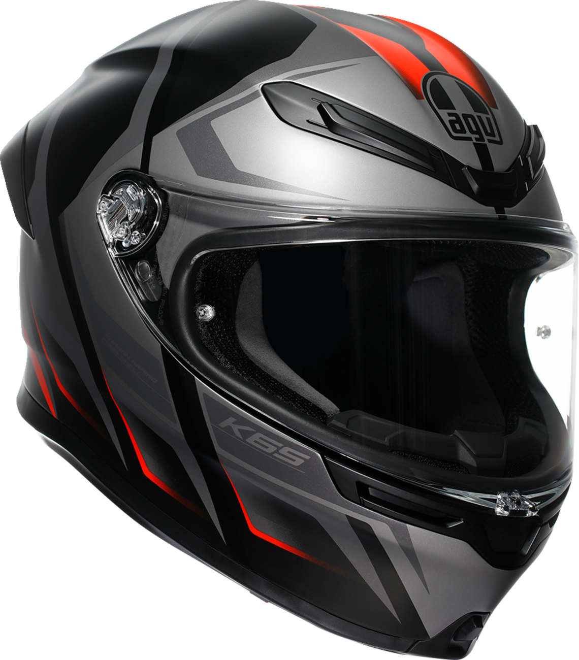 AGV K6 S racing helmet in matte black, gray, and red, showing lightweight, aerodynamic design and small size for racing enthusiasts.