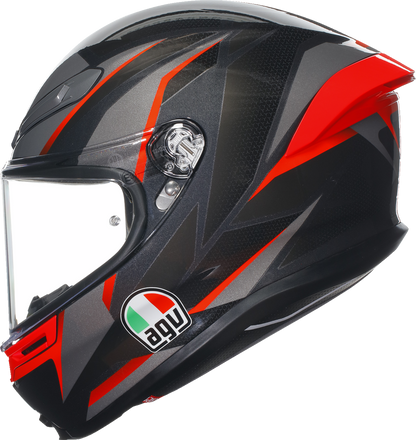 AGV K6 S motorcycle helmet in black, gray, and red with carbon-aramid shell and enhanced ventilation, size XL.
