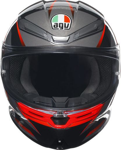 AGV K6 S motorcycle helmet in black, gray, and red with carbon-aramid shell and advanced ventilation system, size XL.