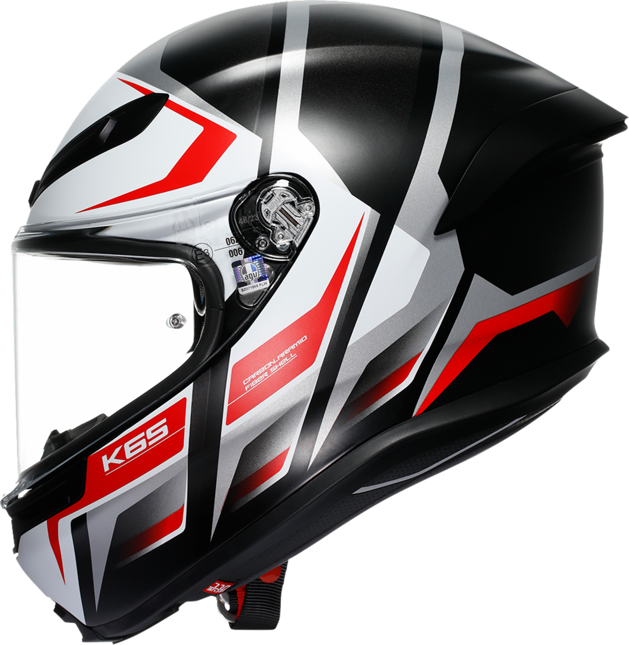AGV K6 S Karve matte black, white, and red motorcycle helmet in XL size with sleek design and aerodynamic shape.