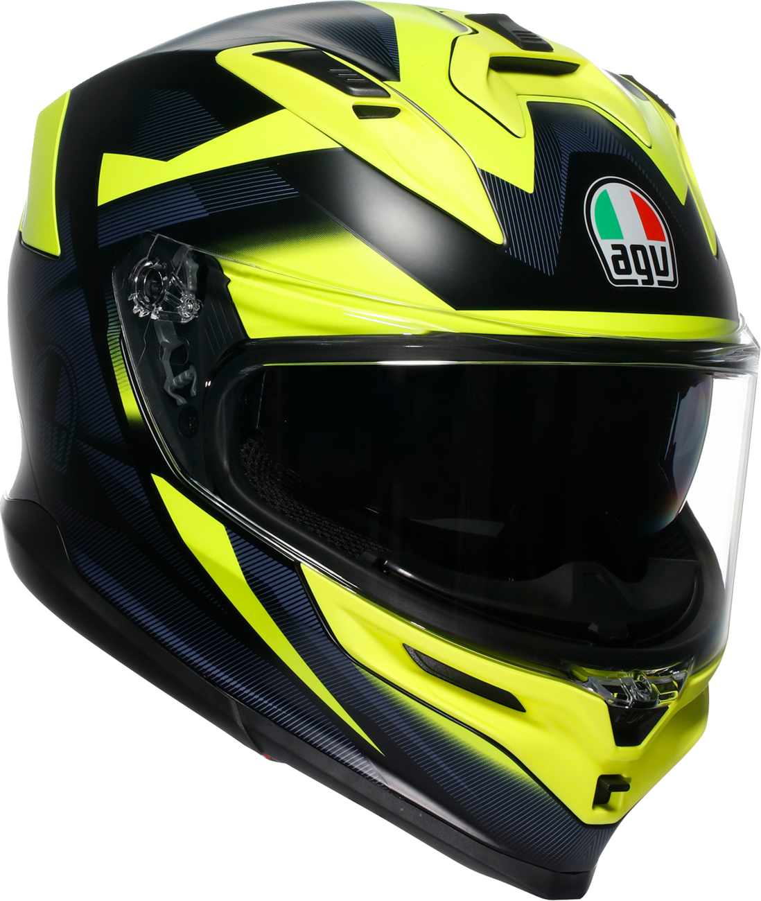 AGV K7 helmet in Glimpse Matte Black and Yellow Fluo, large size, with aerodynamic design and venting features.