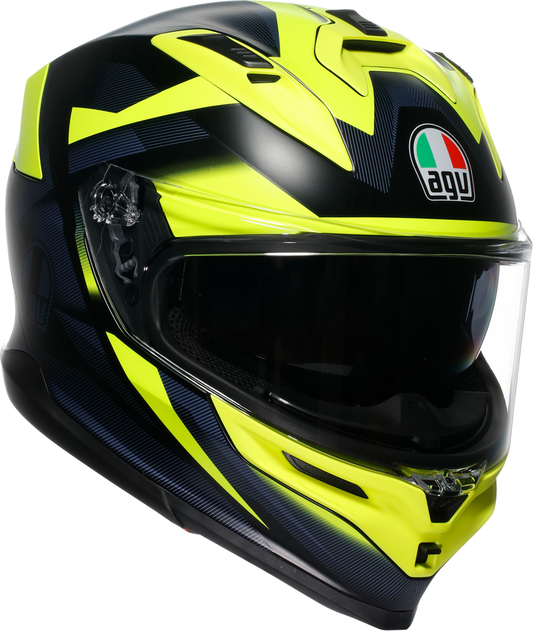 AGV K7 helmet in Glimpse Matte Black and Yellow Fluo, large size, with aerodynamic design and venting features.