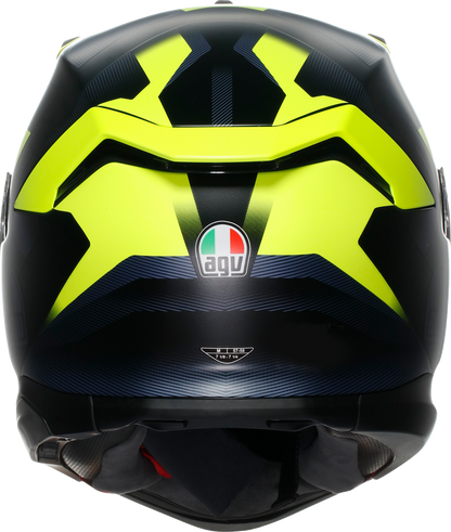 AGV K7 helmet in matte black and yellow fluo with large size, showing aerodynamic design and ventilation features.