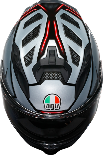 AGV K7 Jaeger racing helmet in black and silver, XL size, with ventilation and comfort features, designed for high-performance riding.