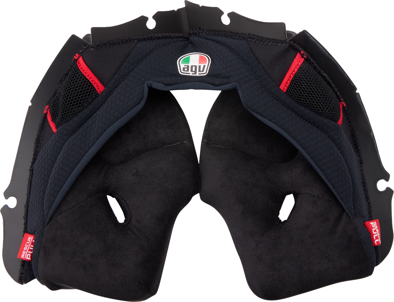 AGV Pista GP RR cheek pads in black and red, 2XL size, showing padded interior and secure fit for helmet accessories.