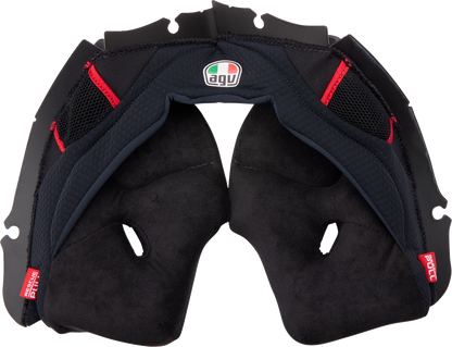 AGV Pista GP RR cheek pads in black and red, 2XL size, showing padded interior and secure fit for helmet accessories.