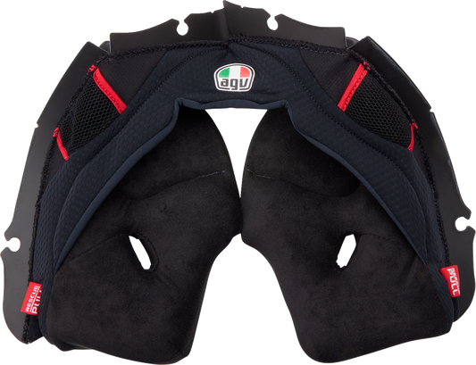 AGV Pista GP RR cheek pads in black and red, 2XL size, showing padded interior and secure fit for helmet accessories.