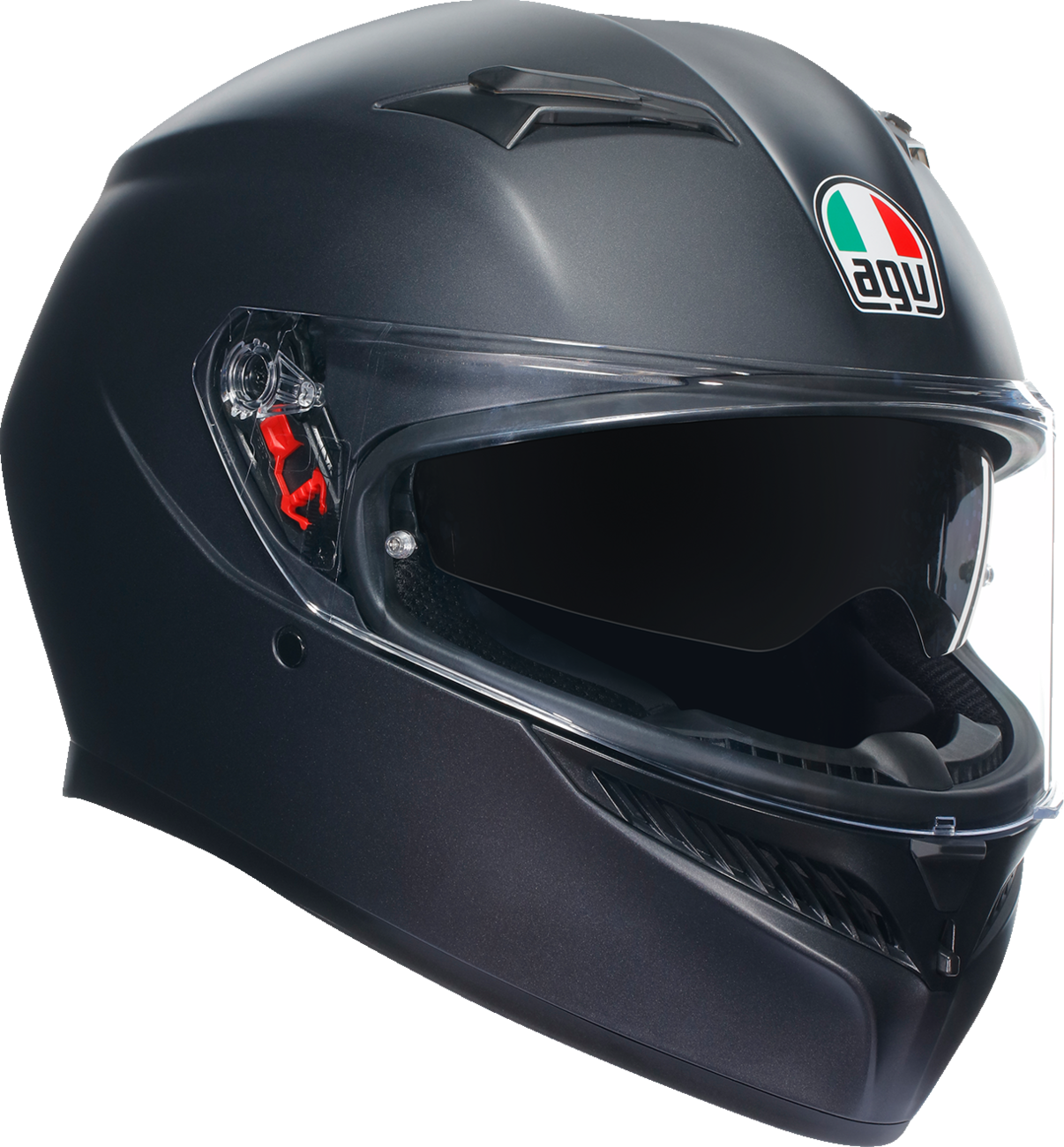 AGV K3 Matte Black full-face motorcycle helmet in small size, showing sleek design and secure chin strap.