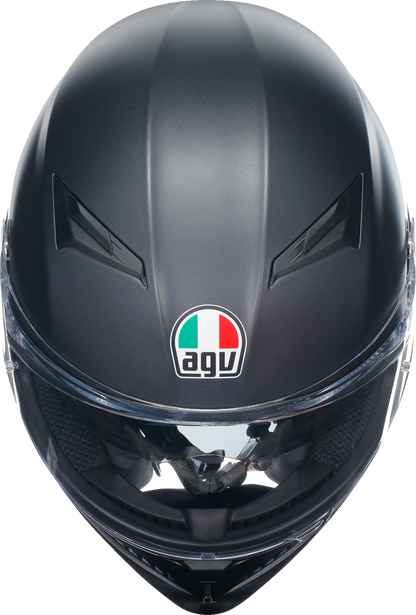 AGV K3 matte black full-face motorcycle helmet, small size, showing sleek aerodynamic design and secure chin strap.