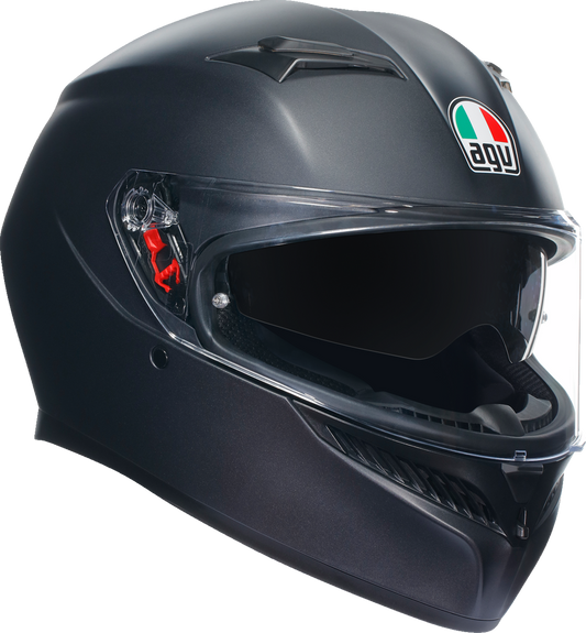 AGV K3 Matte Black full-face motorcycle helmet with sun visor and advanced ventilation, shown in large size.