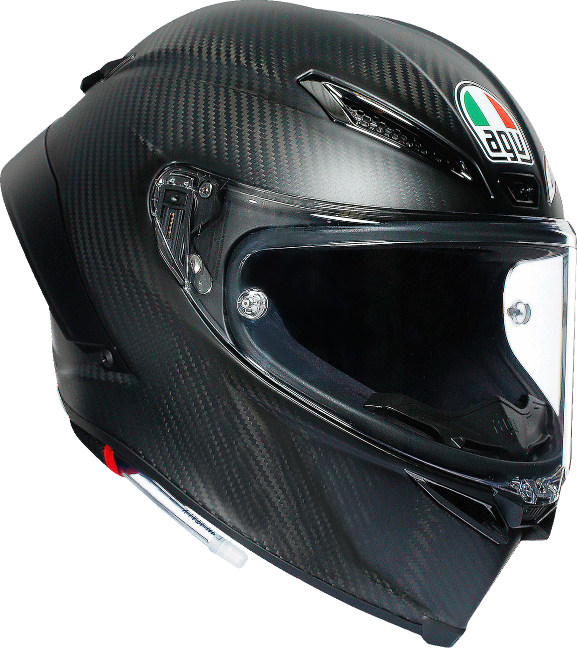AGV Pista GP RR helmet in matte carbon finish with detailed ventilation and safety features, shown in small size.