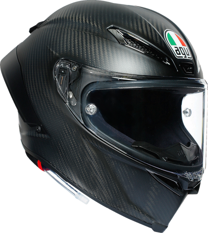 AGV Pista GP RR helmet in matte carbon finish with detailed ventilation and safety features, shown in small size.