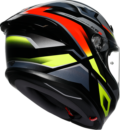 AGV K6 S Erazer motorcycle helmet in black, red, and yellow fluo with large size, featuring aerodynamic design and ventilation.