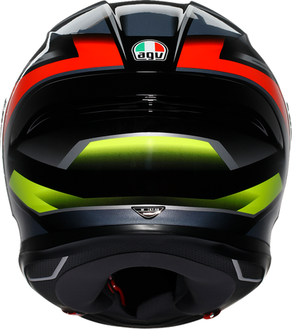 AGV K6 S Erazer motorcycle helmet in black, red, and yellow fluo with large size, featuring aerodynamic design and visor.
