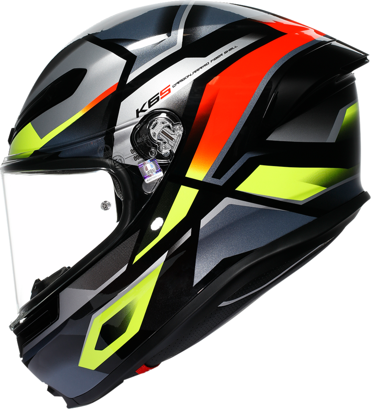 AGV K6 S Erazer motorcycle helmet in black, red, and yellow fluo, large size, with aerodynamic design and full-face coverage.
