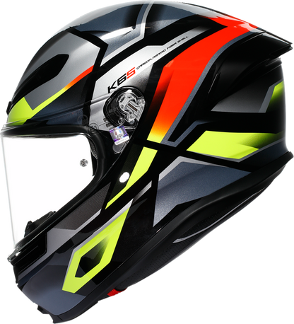 AGV K6 S Erazer motorcycle helmet in black, red, and yellow fluo, large size, with aerodynamic design and full-face coverage.