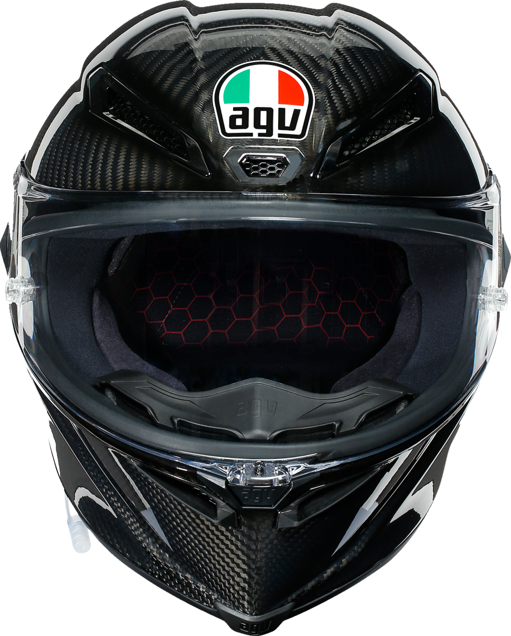 AGV Pista GP RR glossy carbon racing helmet with advanced ventilation and safety features, shown from the front view.