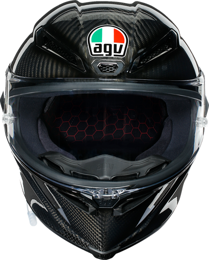 AGV Pista GP RR glossy carbon racing helmet with advanced ventilation and safety features, shown from the front view.