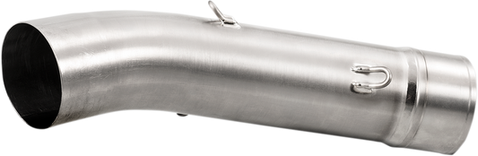 AKRAPOVIC EVO Track Day Link Pipe in titanium for enhanced motorcycle performance, shown with sleek metallic finish and detailed branding.