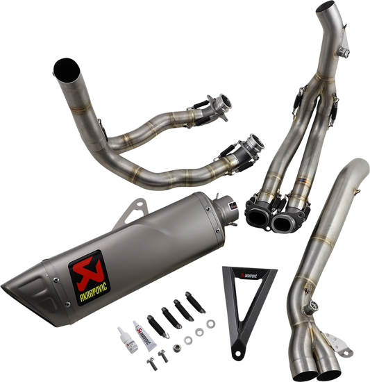 AKRAPOVIC Race Exhaust System S-H10R9-APLT for motorcycle performance, with sleek metallic finish and high-performance design