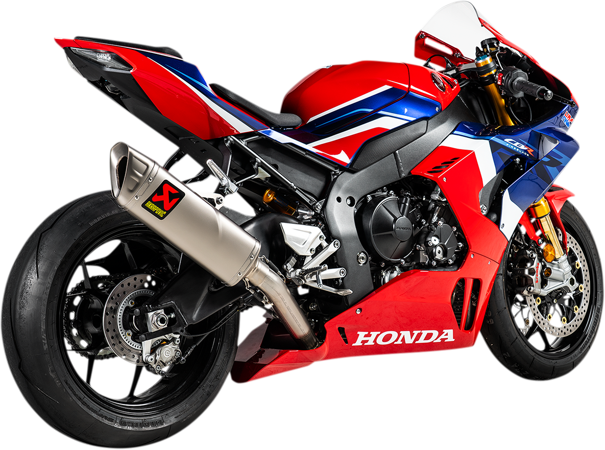 AKRAPOVIC Race Exhaust System S-H10R9-APLT for motorcycle performance, shown installed on a sports motorcycle.