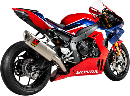 AKRAPOVIC Race Exhaust System S-H10R9-APLT for motorcycle performance, shown installed on a sports motorcycle.