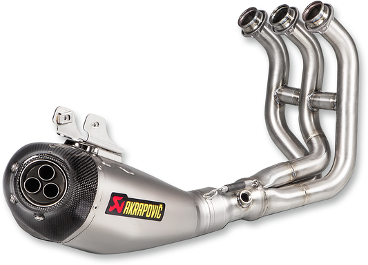 AKRAPOVIC Race Exhaust System in titanium with sleek design, optimized for high performance and lightweight efficiency.
