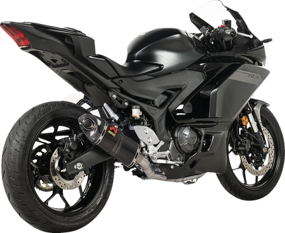AKRAPOVIC Racing Line exhaust system with carbon fiber finish for Yamaha R3 and MT-03 motorcycle, showcasing sleek design and branding.