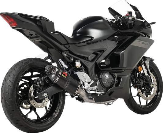 AKRAPOVIC Racing Line exhaust system with carbon fiber finish for Yamaha R3 and MT-03 motorcycle, showcasing sleek design and branding.