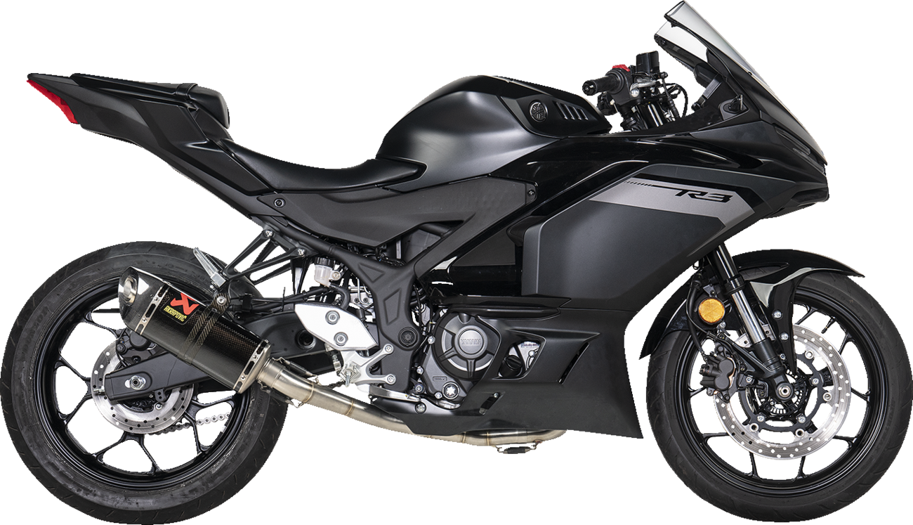 AKRAPOVIC Racing Line exhaust system for Yamaha R3 and MT-03 with carbon fiber finish and sleek design.