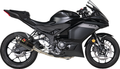 AKRAPOVIC Racing Line exhaust system for Yamaha R3 and MT-03 with carbon fiber finish and sleek design.