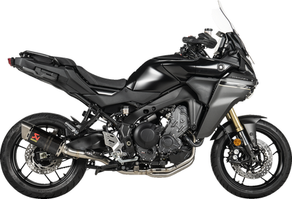 AKRAPOVIC Racing Line exhaust system with carbon fiber finish for Yamaha Tracer 9 motorcycle, featuring sleek design and performance parts.