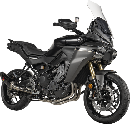 AKRAPOVIC Racing Line exhaust system with carbon fiber finish for Yamaha Tracer 9 motorcycle, showcasing sleek design and high-performance details.