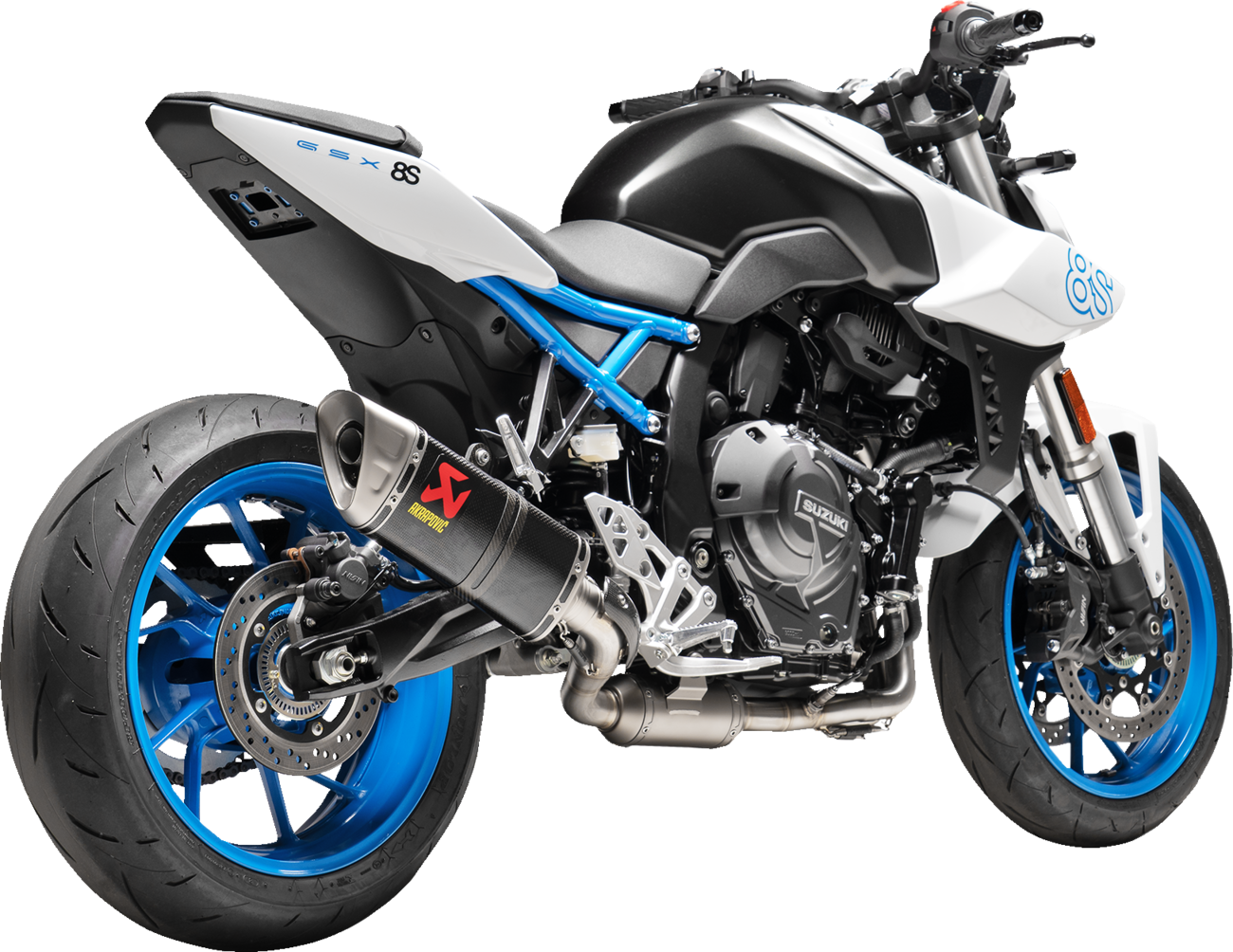 AKRAPOVIC Racing Line exhaust system for Suzuki, lightweight performance upgrade with sleek exhaust pipes and branding.
